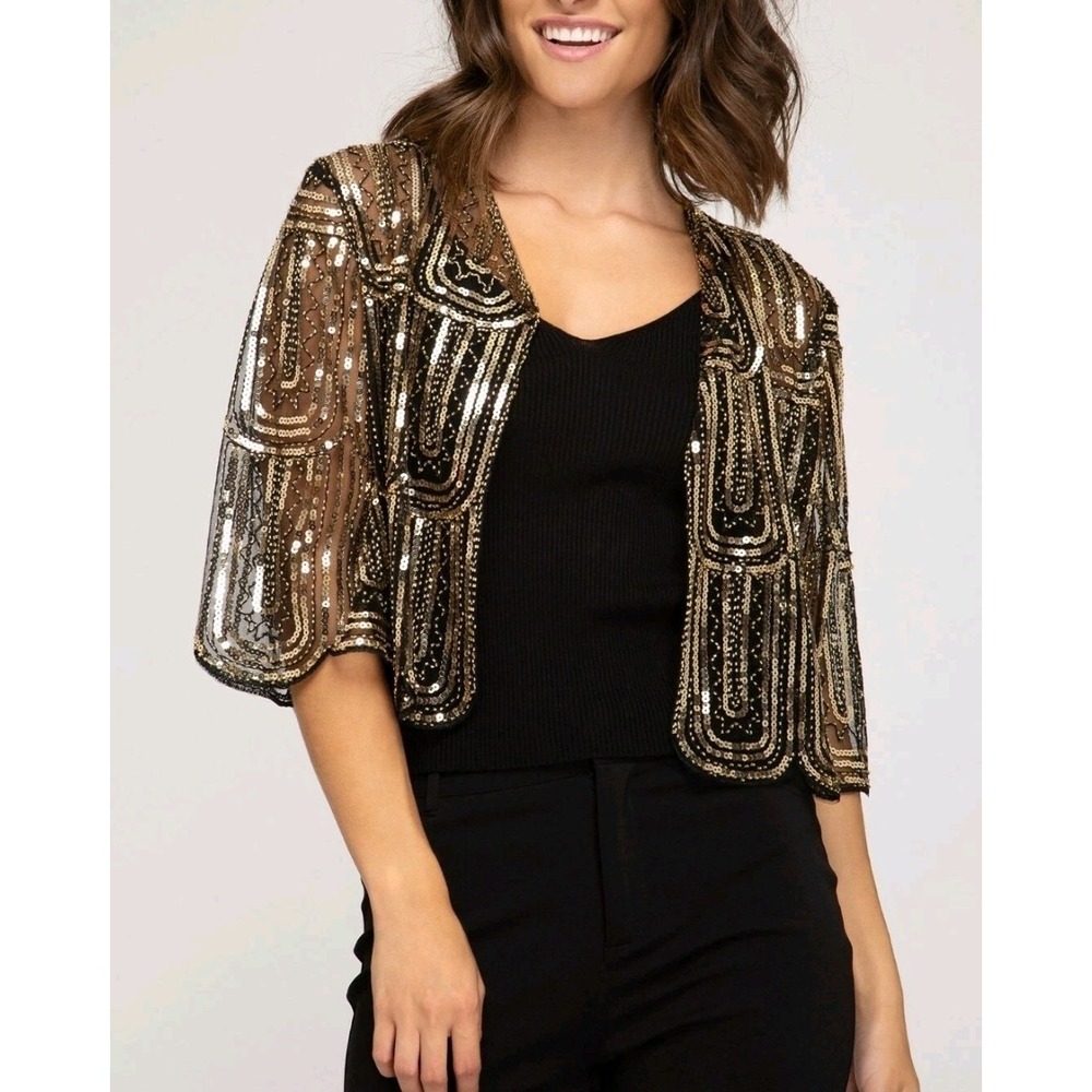She + Sky Women's 3/4 Sleeve Sequin Bolero Cardigan Sz S Gold Glam Overlay Chic